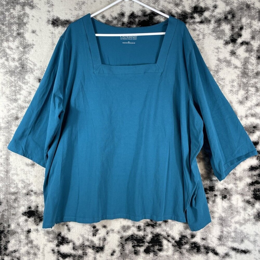 Catherines Suprema Blouse Womens Size 4X Blue‎ Wide Sleeve Cotton Stretch